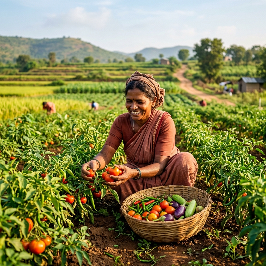 Farmers harvesting crops at Kshetriva Farms to ensure proper selection